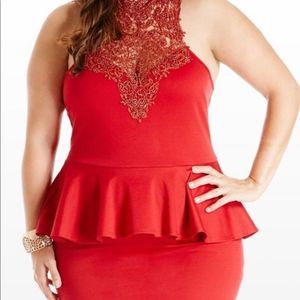 Ashley Stewart red and black lace peplum dress.